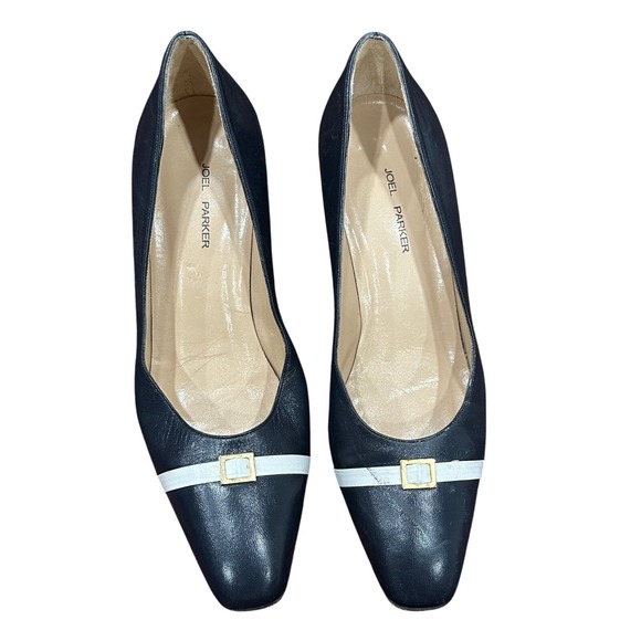 Navy Leather Pumps, Square Buckle, Minimalist Heel, Made in Italy - Picture 1 of 4